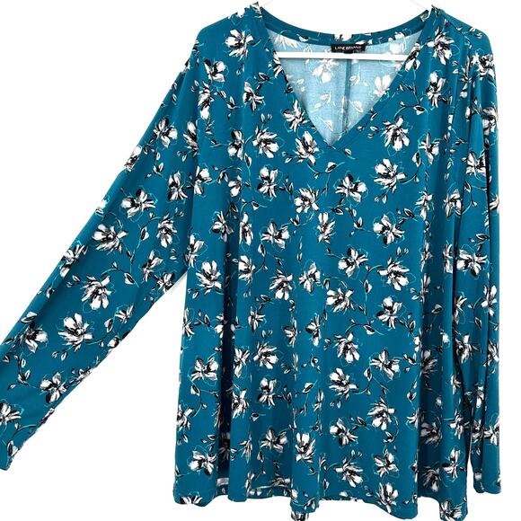 Lane Bryant Size 18 / 20 Long Sleeve‎ V Neck Top Blouse Blue White Floral Print - Picture 2 of 5